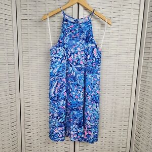 Lilly Pulitzer  Women's Margot Halter Dress Blue Turtle Party Wave Size S Cotton
